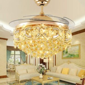 lighting groups 42 inch invisible ceiling fan with 3-color changing light remote control retractable blades fandelier for living room dining room reversible ceiling fan with indoor lights (gold)