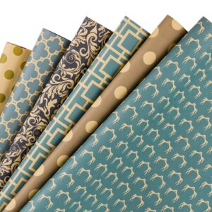 RUSPEPA Reversible Kraft Wrapping Paper Sheet - Navy Geometric Design Kraft Paper - 6 Sheets Packed as 1 roll - 17.5 x 30 inches per Sheet