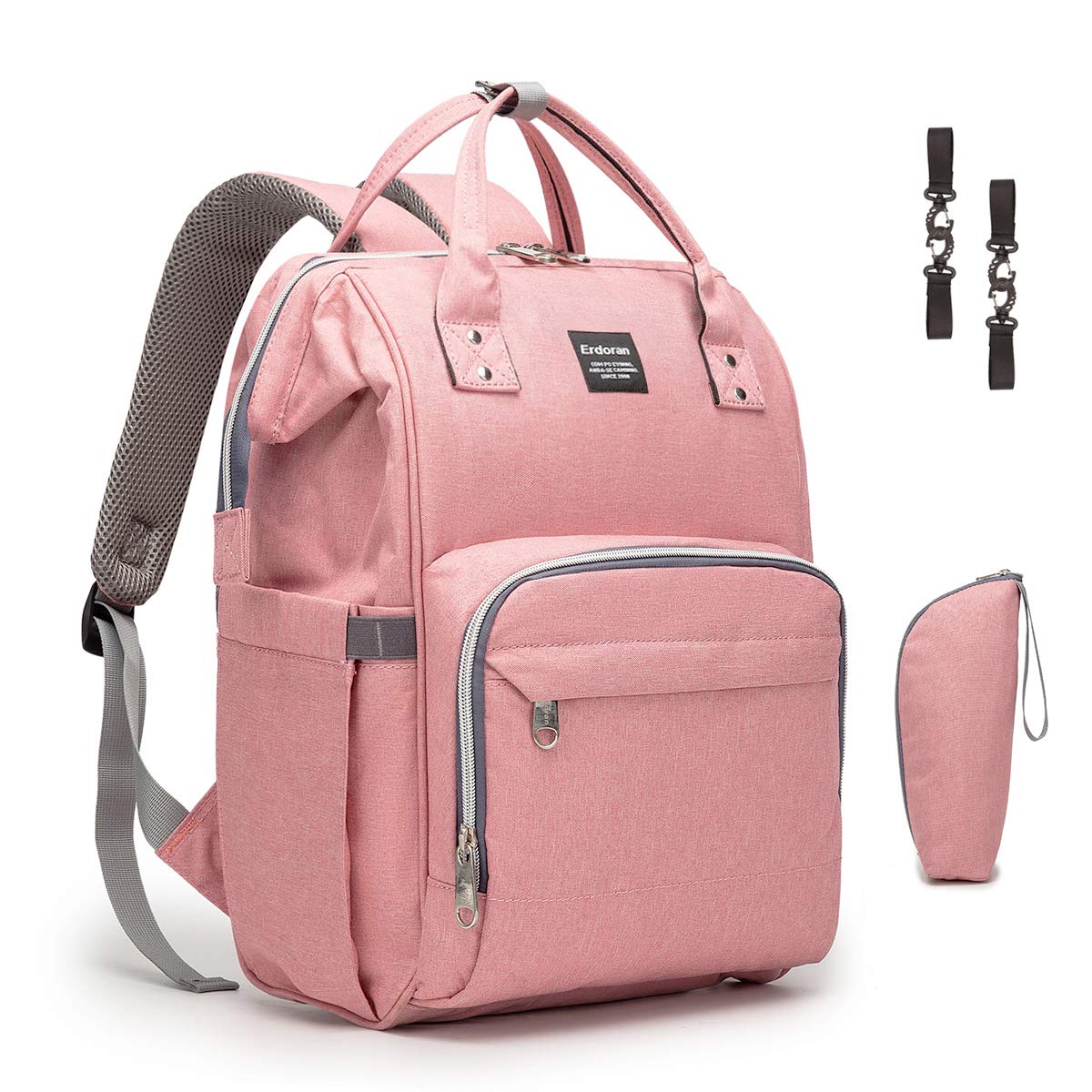 Erdoran Diaper Bag Backpack MultiFunction Waterproof Travel Baby Bag with USB Charging Port for Mom, Large Capacity, Stylish and Durable, Pink