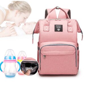 Erdoran Diaper Bag Backpack MultiFunction Waterproof Travel Baby Bag with USB Charging Port for Mom, Large Capacity, Stylish and Durable, Pink