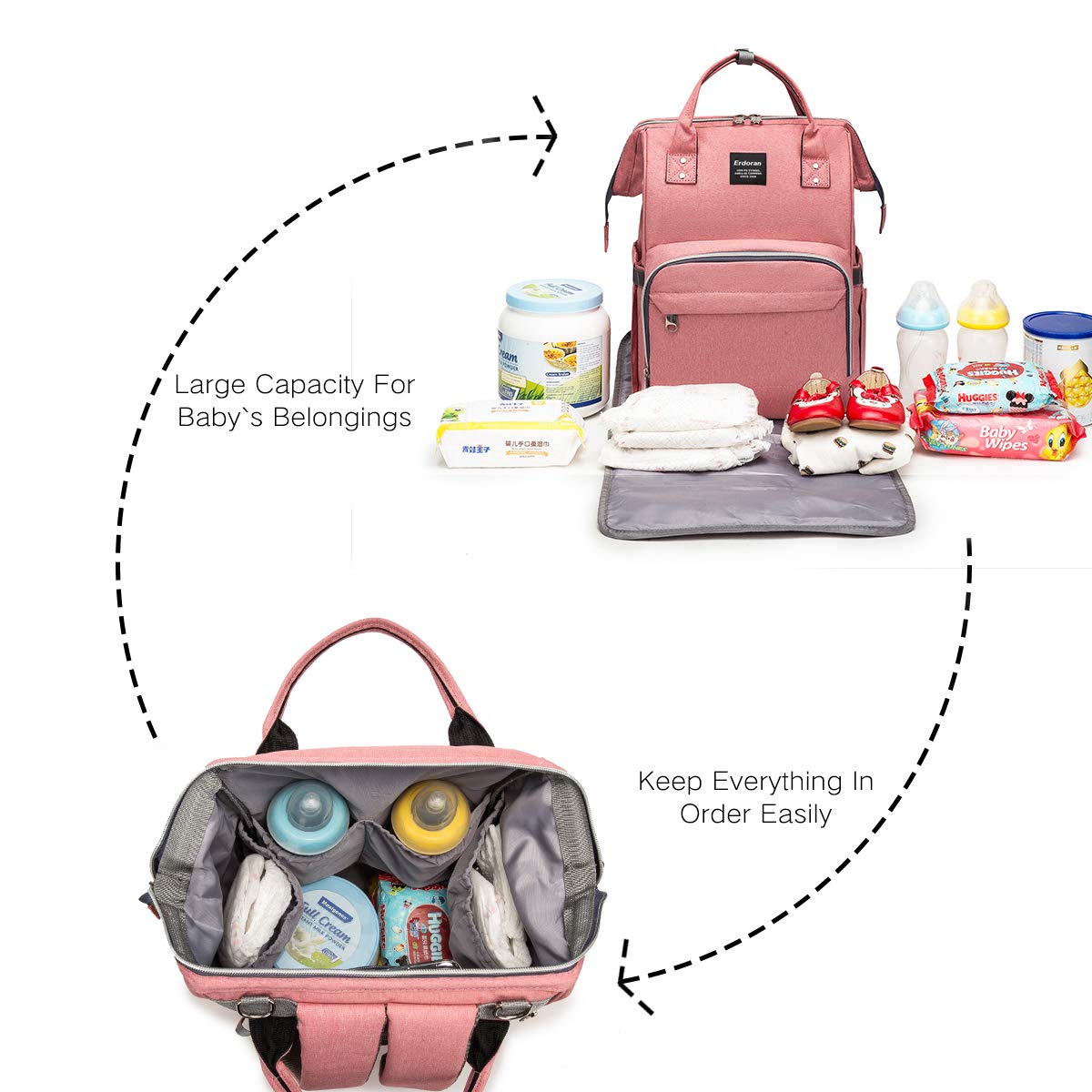 Erdoran Diaper Bag Backpack MultiFunction Waterproof Travel Baby Bag with USB Charging Port for Mom, Large Capacity, Stylish and Durable, Pink