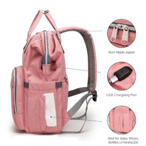 Erdoran Diaper Bag Backpack MultiFunction Waterproof Travel Baby Bag with USB Charging Port for Mom, Large Capacity, Stylish and Durable, Pink