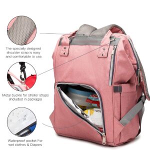 Erdoran Diaper Bag Backpack MultiFunction Waterproof Travel Baby Bag with USB Charging Port for Mom, Large Capacity, Stylish and Durable, Pink