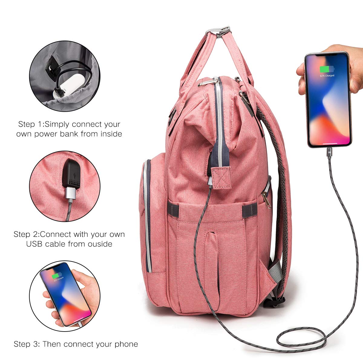 Erdoran Diaper Bag Backpack MultiFunction Waterproof Travel Baby Bag with USB Charging Port for Mom, Large Capacity, Stylish and Durable, Pink