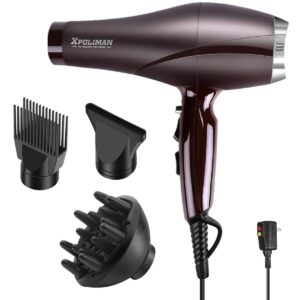 xpoliman 2000 watt hair dryer, negative ionic blow dryer with diffuser concentrator comb, 2 speed 3 heat settings, low noise long life style-brown/purple