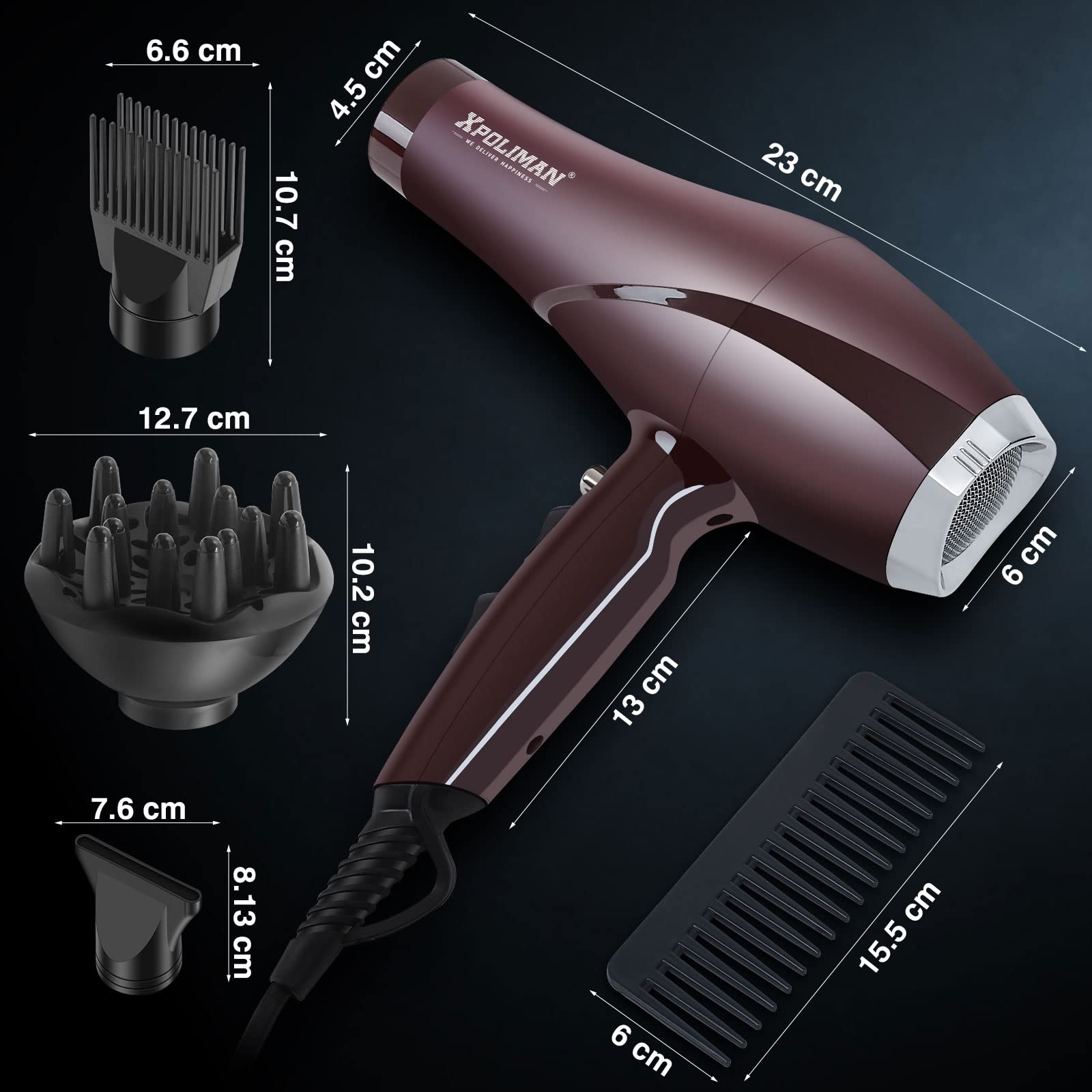 Xpoliman 2000 Watt Hair Dryer, Negative Ionic Blow Dryer with Diffuser Concentrator Comb, 2 Speed 3 Heat Settings, Low Noise Long Life Style-Brown/Purple