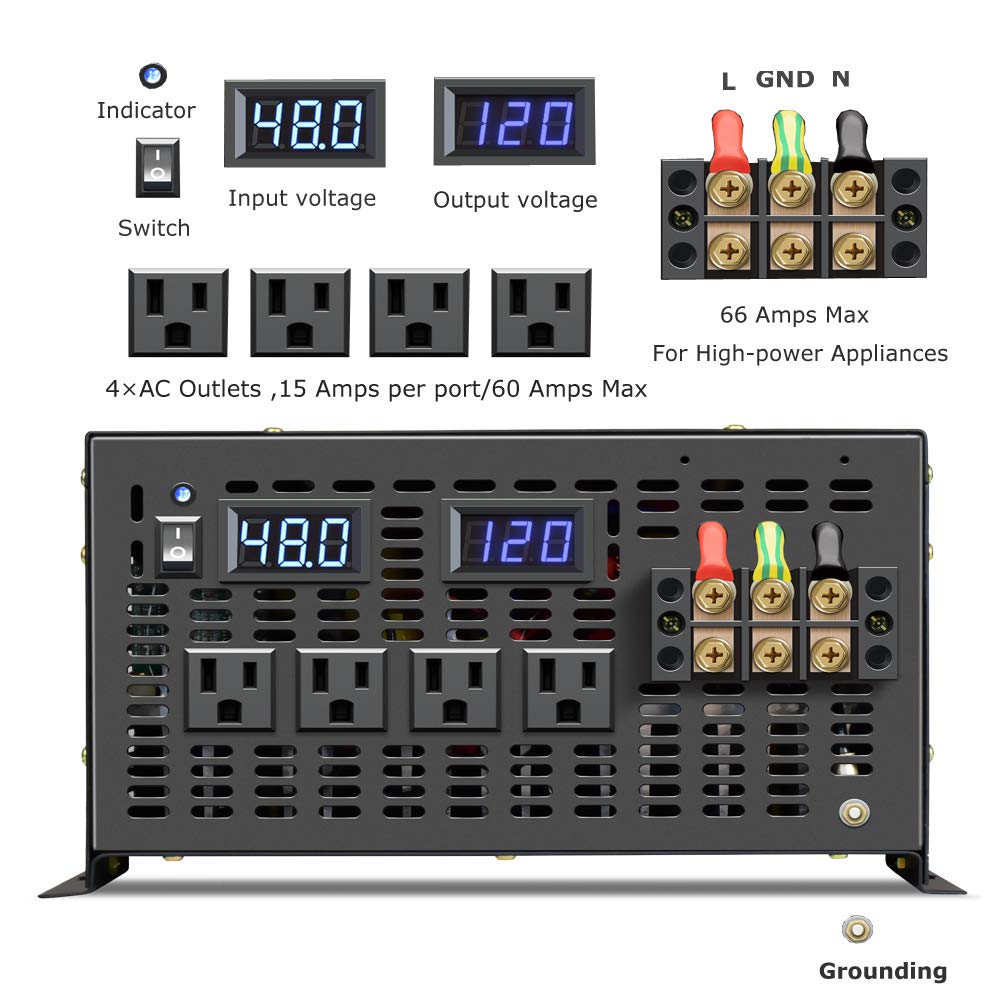 WZRELB 8000W 48V AC to 120V DC Pure Sine Wave Solar Power Inverter - RV, Camping, Solar System