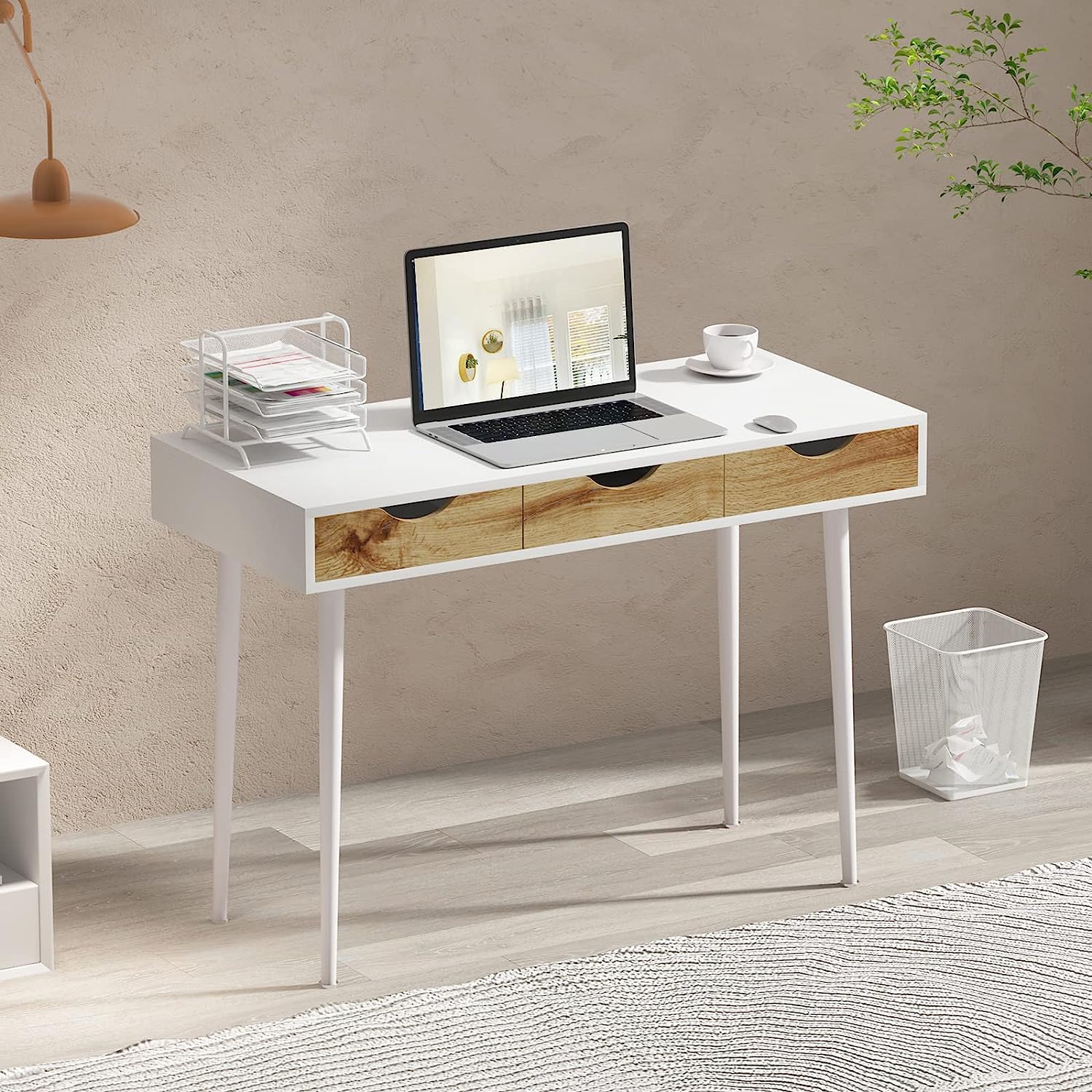 SogesHome 43.3 Computer Desk, Home Office Work Table with 3-Drawers, Gaming Working Writing Table, White&Teak