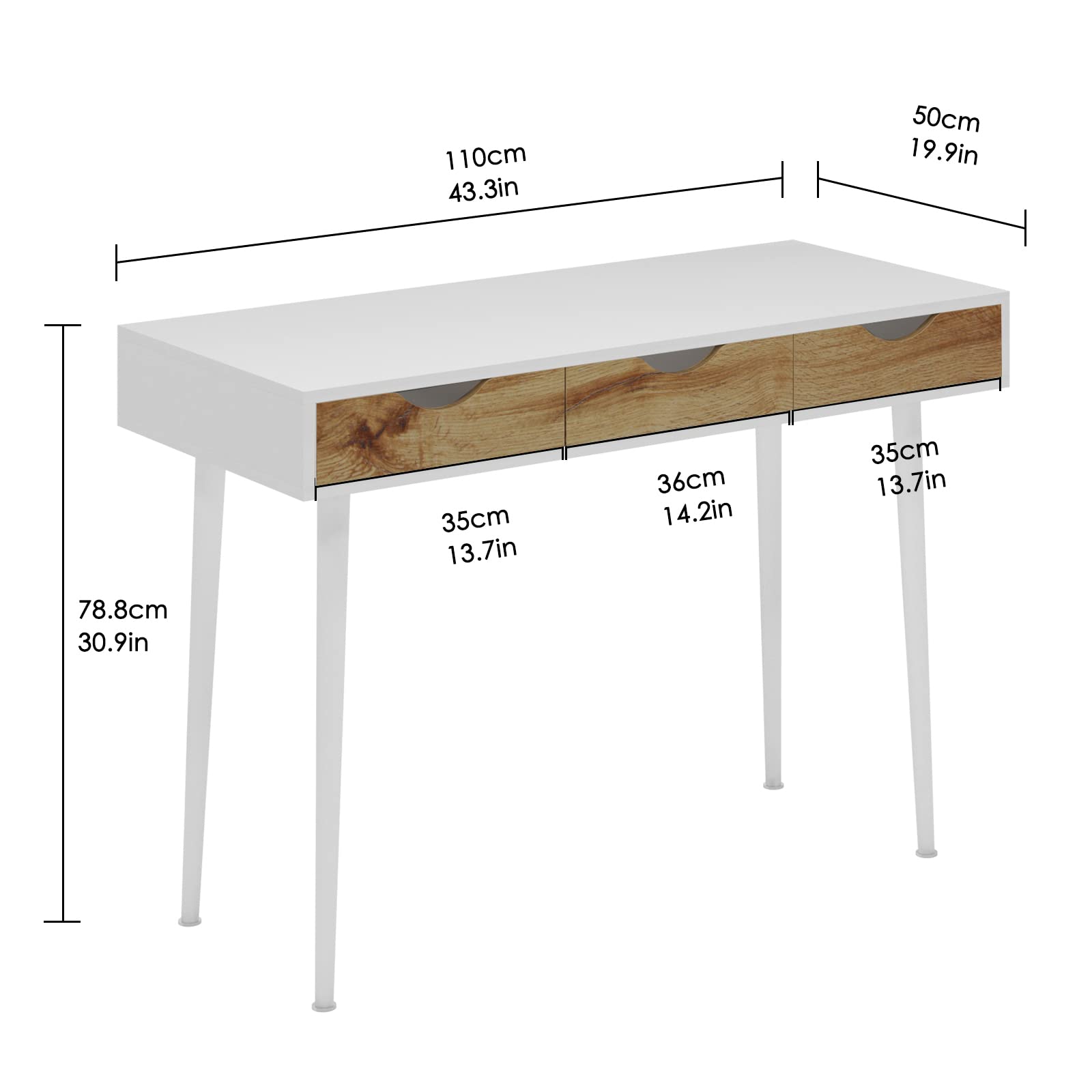 SogesHome 43.3 Computer Desk, Home Office Work Table with 3-Drawers, Gaming Working Writing Table, White&Teak