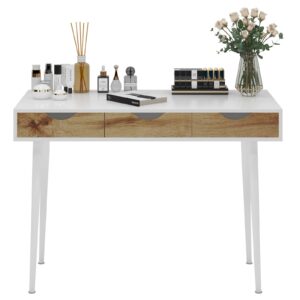 SogesHome 43.3 Computer Desk, Home Office Work Table with 3-Drawers, Gaming Working Writing Table, White&Teak