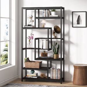 tribesigns 8-shelves staggered bookshelf, rustic industrial etagere bookcase for office, vintage book shelves display shelf organizer for home garden (rustic brown)