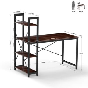 VADIM Computer Desk with Shelves, Modern Office Desk with 4-Tier Shelf, Durable Working Desk for Home, Bedroom, Office, Sturdy Writing Table with Storage Bookshelf, 47 Inches, Walnut