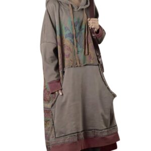 YESNO JFD Women Long Casual Hooded Sweatshirt Dress Ethnic Floral Print Color Block Hemline/Kangaroo Pocket (JFD Khaki, one_size)