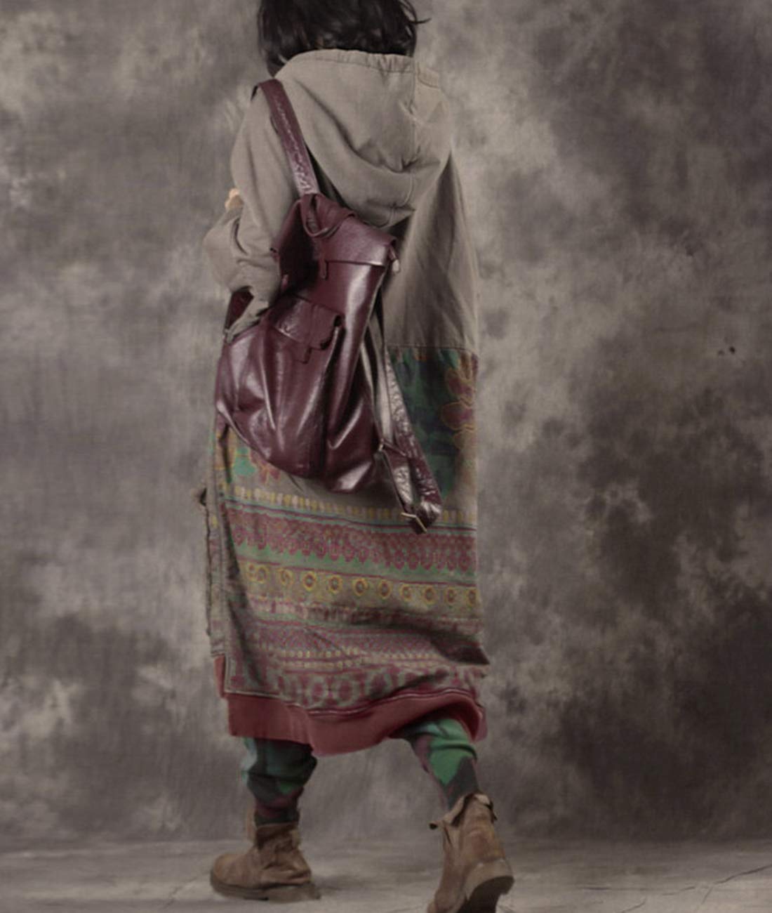YESNO JFD Women Long Casual Hooded Sweatshirt Dress Ethnic Floral Print Color Block Hemline/Kangaroo Pocket (JFD Khaki, one_size)