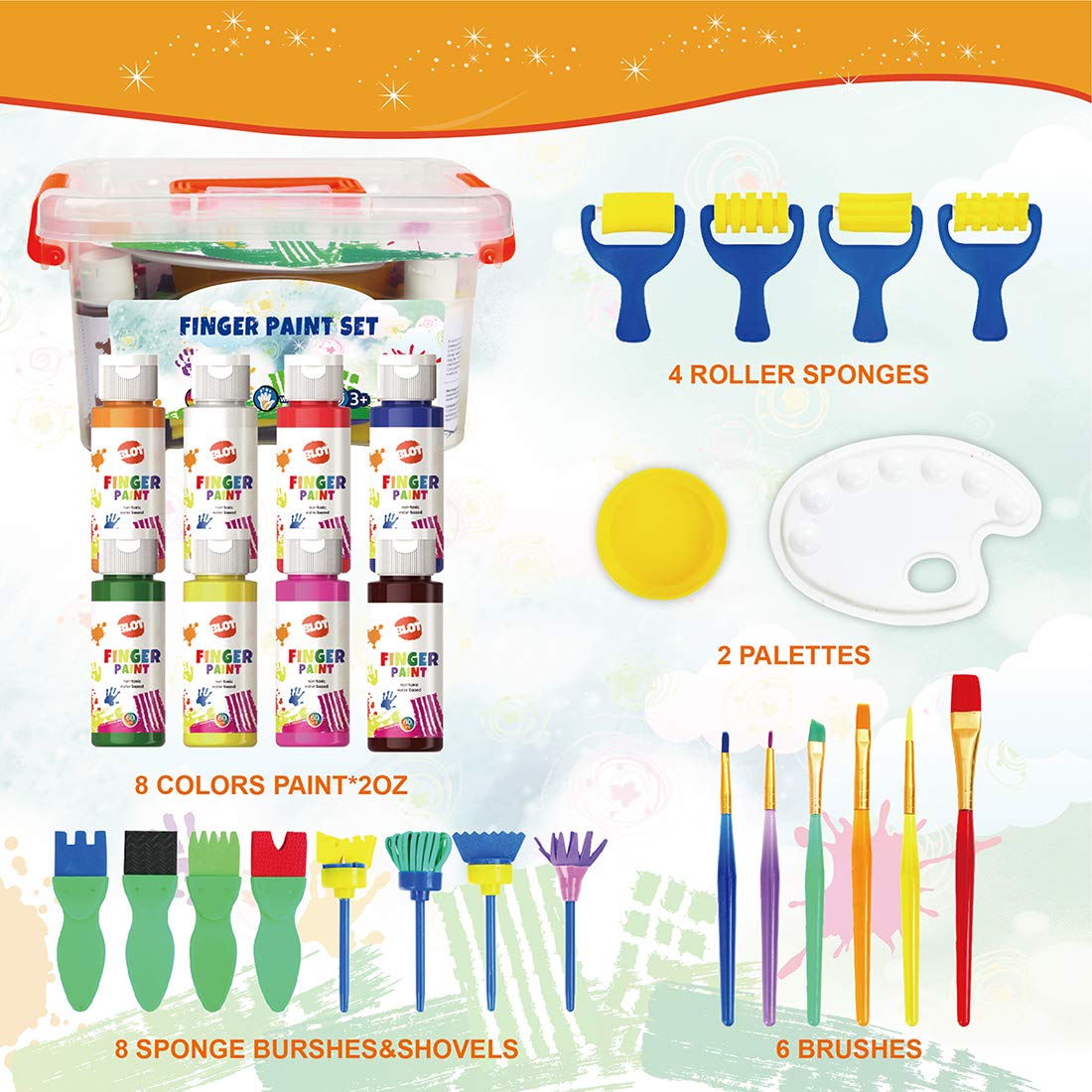 Early Learning Kids Paint Set Washable Finger Paint with Assorted Painting Brushes Sponges Portable Case for Kids Toddlers Drawing Gifts Age 3+