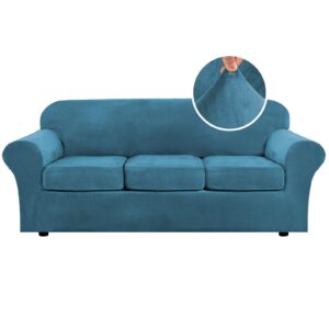 H.VERSAILTEX Modern Velvet Plush 4 Piece High Stretch Sofa Slipcover Sofa Cover Furniture Protector Form Fit Luxury Thick Velvet Sofa Cover for 3 Cushion Couch Width Up to 90 Inch (Sofa,Peacock Blue)