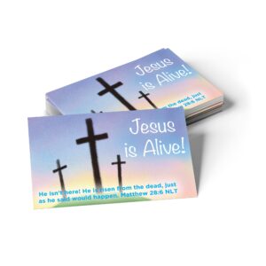 jesus is alive (calvary), matthew 28:6, bulk pack of 25 affirmation scripture cards for kids, pass it on christian bible verse cards for sunday school, childrens church, & youth group ministry