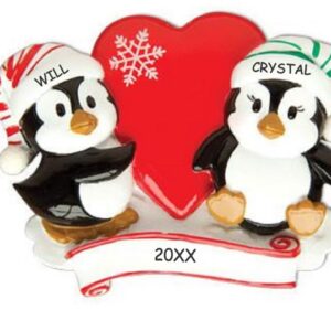 Personalized Penguin Couples Christmas Ornament (Red Snowflake)