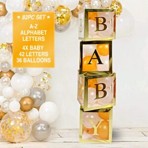 82 pcs gold neutral baby shower decorations for boy or girl - jumbo transparent baby block balloon boxes, baby, a - z letters dyi gold white pink blue balloons | gender reveal party supplies birthday