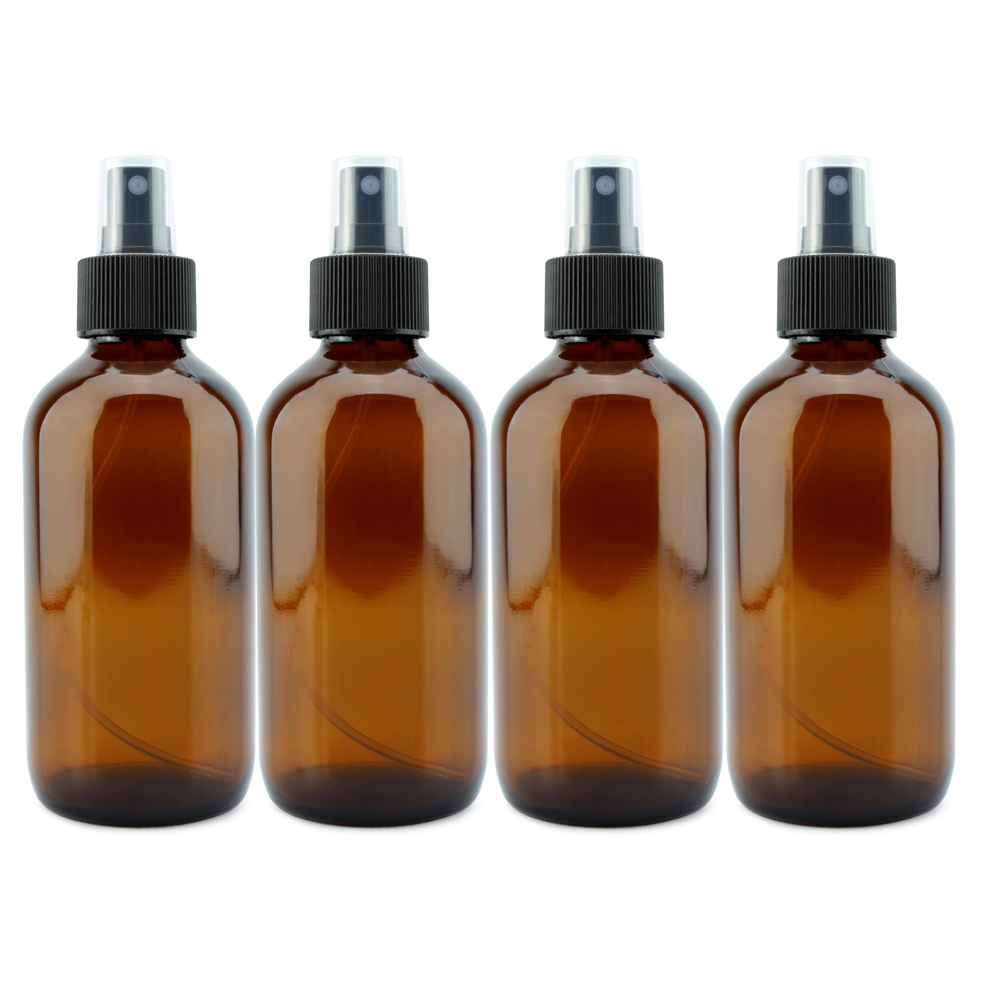 Cornucopia 8-Ounce Amber Glass Fine Mist Spray Bottles (4-Pack); Boston Round w/Atomizer Spritzers for Aromatherapy, Perfume, Cologne, DIY & More