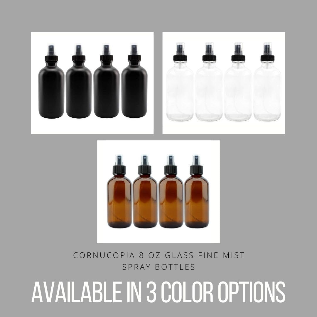 Cornucopia 8-Ounce Amber Glass Fine Mist Spray Bottles (4-Pack); Boston Round w/Atomizer Spritzers for Aromatherapy, Perfume, Cologne, DIY & More