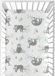 sweet jojo designs blue and grey jungle sloth leaf unisex boy or girl baby or toddler nursery fitted crib sheet - turquoise, gray and green botanical rainforest