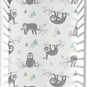 Sweet Jojo Designs Blue and Grey Jungle Sloth Leaf Unisex Boy or Girl Baby or Toddler Nursery Fitted Crib Sheet - Turquoise, Gray and Green Botanical Rainforest