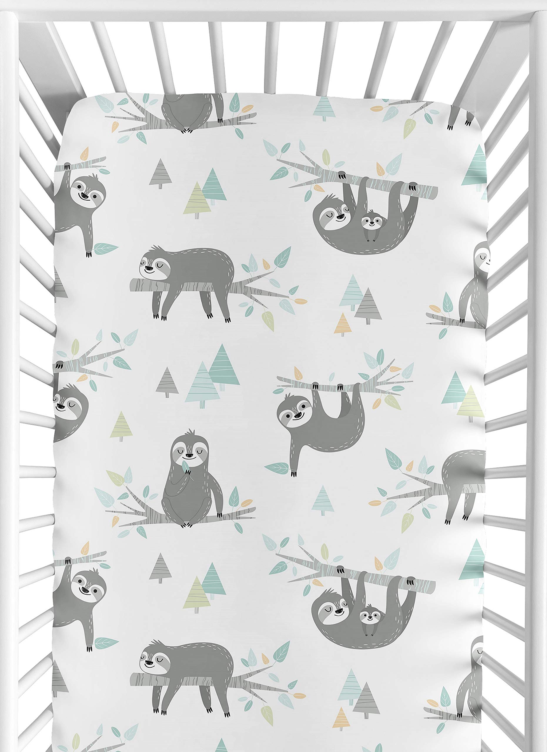 Sweet Jojo Designs Blue and Grey Jungle Sloth Leaf Unisex Boy or Girl Baby or Toddler Nursery Fitted Crib Sheet - Turquoise, Gray and Green Botanical Rainforest