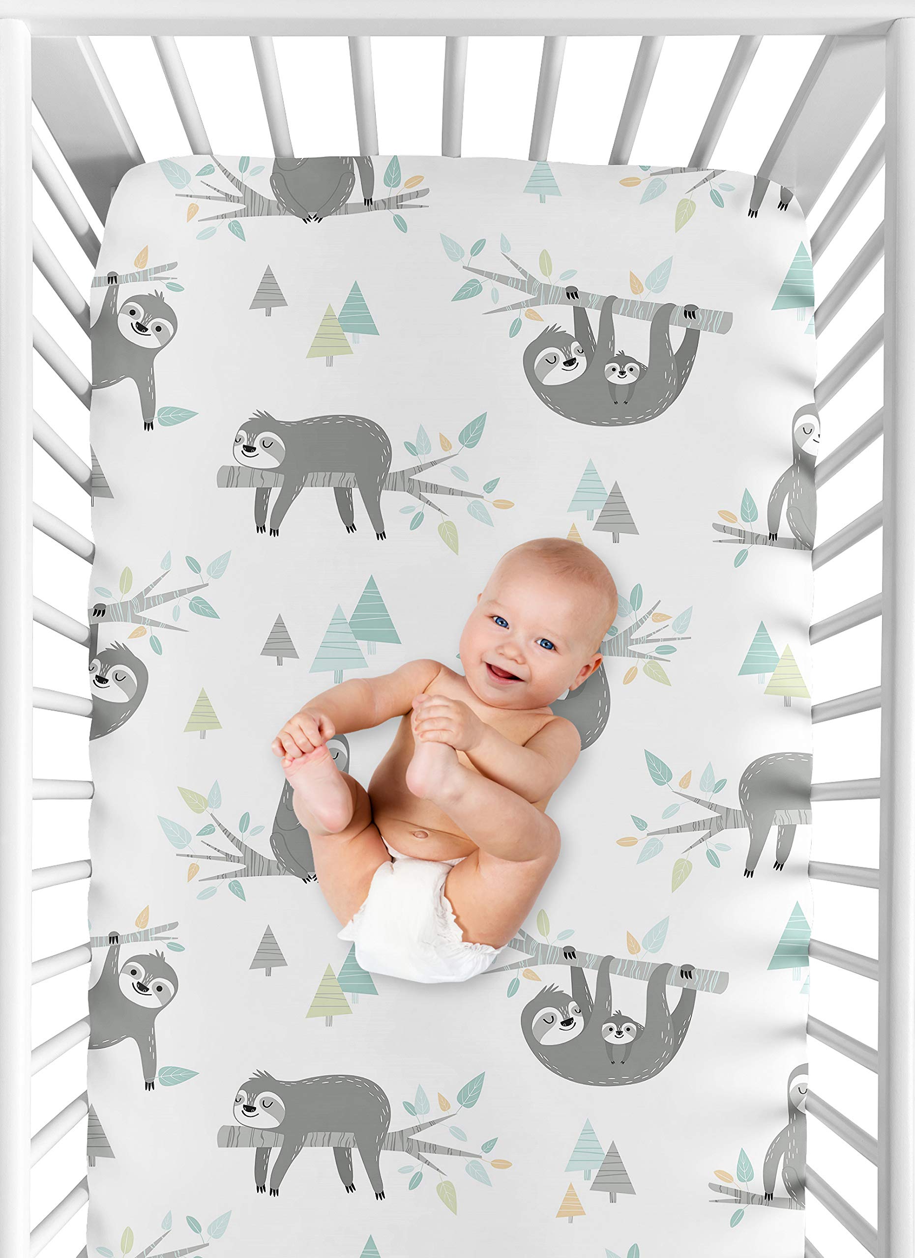 Sweet Jojo Designs Blue and Grey Jungle Sloth Leaf Unisex Boy or Girl Baby or Toddler Nursery Fitted Crib Sheet - Turquoise, Gray and Green Botanical Rainforest