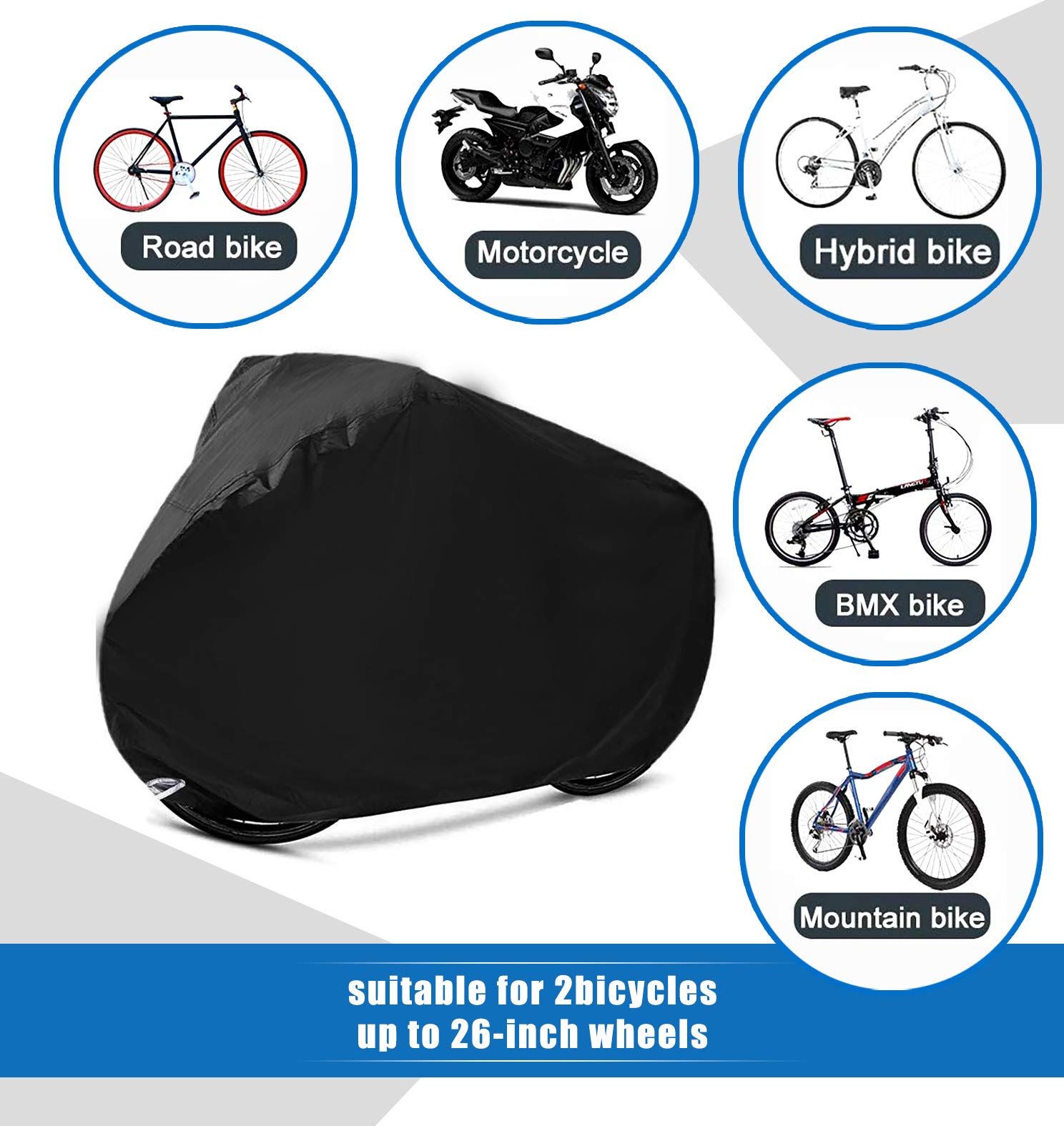 Bike Cover for 2 or 3 Bikes, XL Waterproof Outdoor Bicycle Cover Oxford Fabric Storage Rain Sun UV Dust Wind Proof Motorcycle Covers for Mountain Road Electric Bike Tricycle Cruiser (XL)