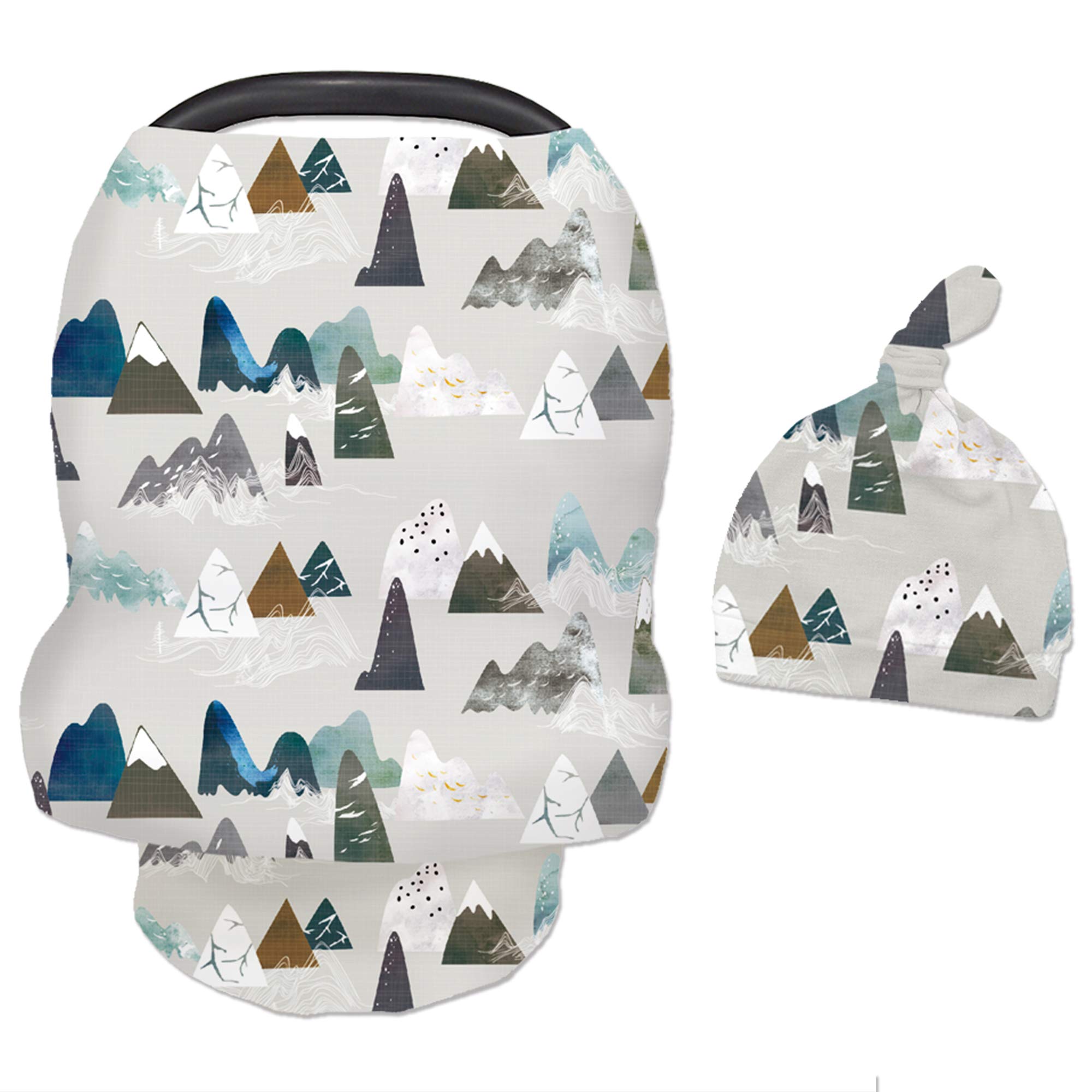 Baby Carseat Cover with Beanie, Adventure Mountain Infant Carseat Canopy for Boys Girls, Nursing Cover Breastfeeding Scarf for Mom, for Stroller High Chair Shopping Cart