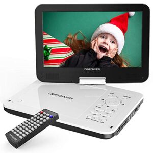 dbpower 12" portable dvd player with 5-hour rechargeable battery, 10" swivel display screen, sd/usb port, with 1.8m car charger, power adaptor and car headrest mount, region free-white