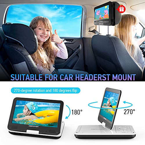 DBPOWER 12" Portable DVD Player with 5-Hour Rechargeable Battery, 10" Swivel Display Screen, SD/USB Port, with 1.8m Car Charger, Power Adaptor and Car Headrest Mount, Region Free-White