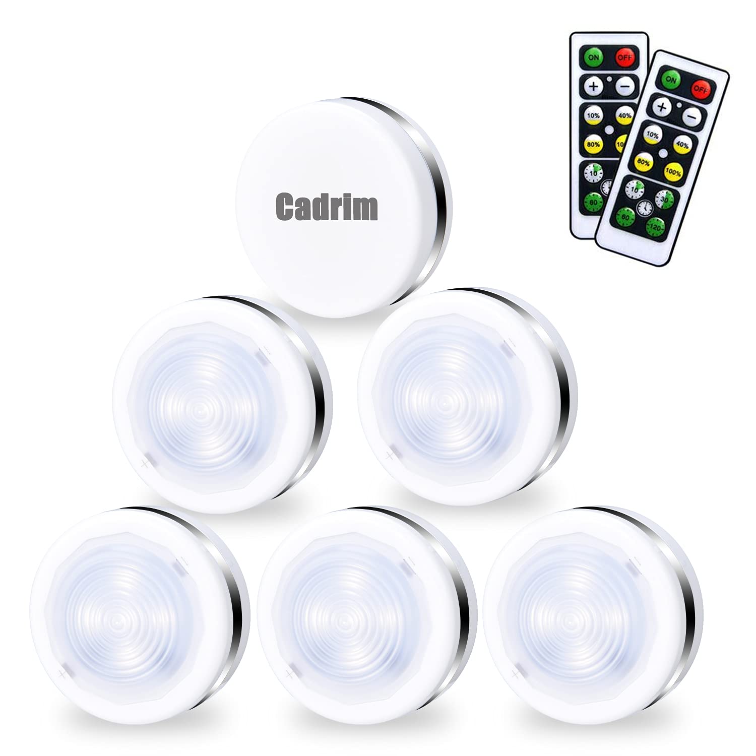 Cadrim Puck Lights, LED Stick on Lightings and Dimmable Under Cabinet Lights Battery Powered Under Counter Tap Lights with 2 Wireless Remote Controls (6 Pack) (White)