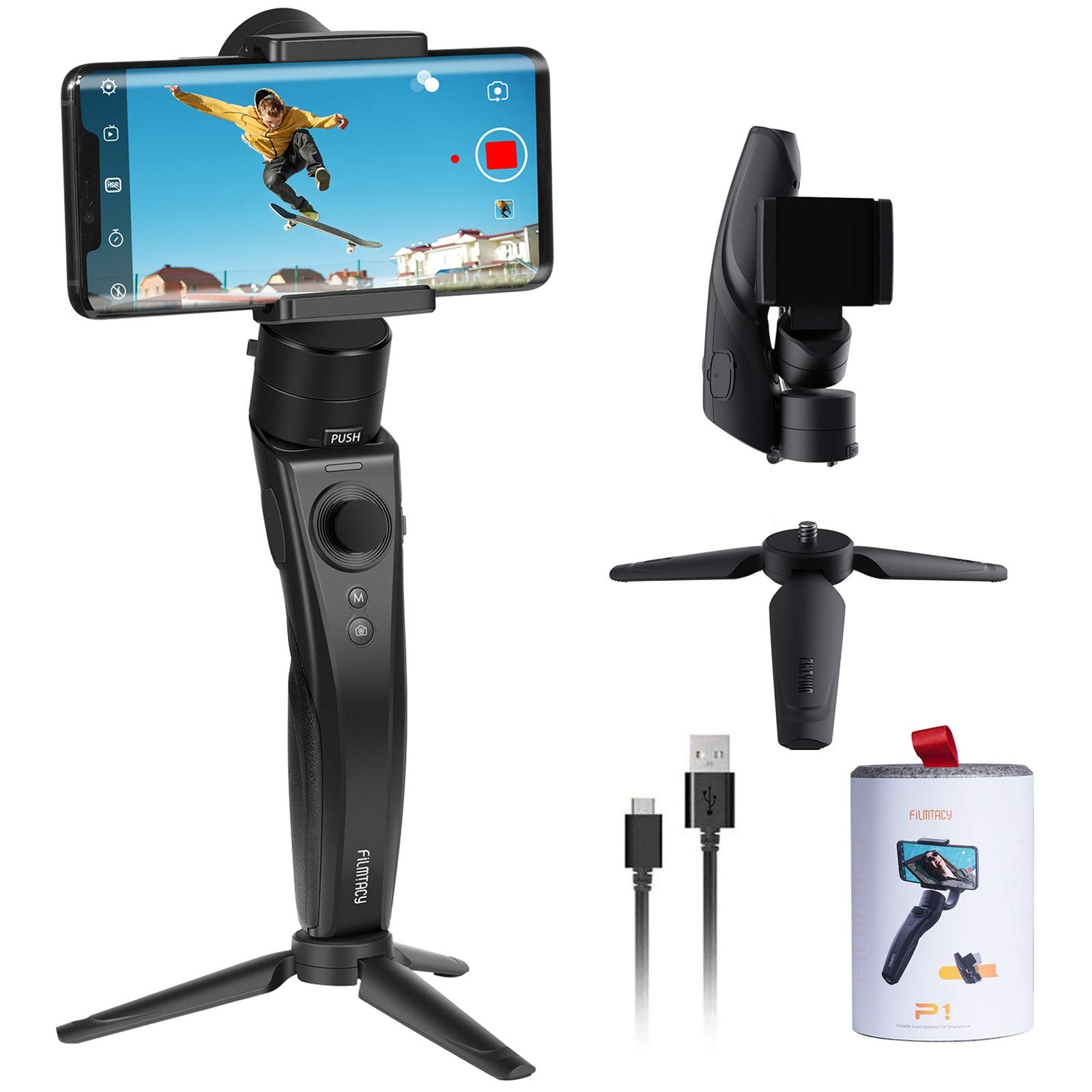 Filmtacy Handheld Gimbal, Gimbal stabilizer with Tripod for iPhone 11/11pro/11pro max/Xs/Xs Max/Xr/X, for Android, Samsung, Lightweight Extended and Foldable, for Vlog YouTube Live Video TikTok