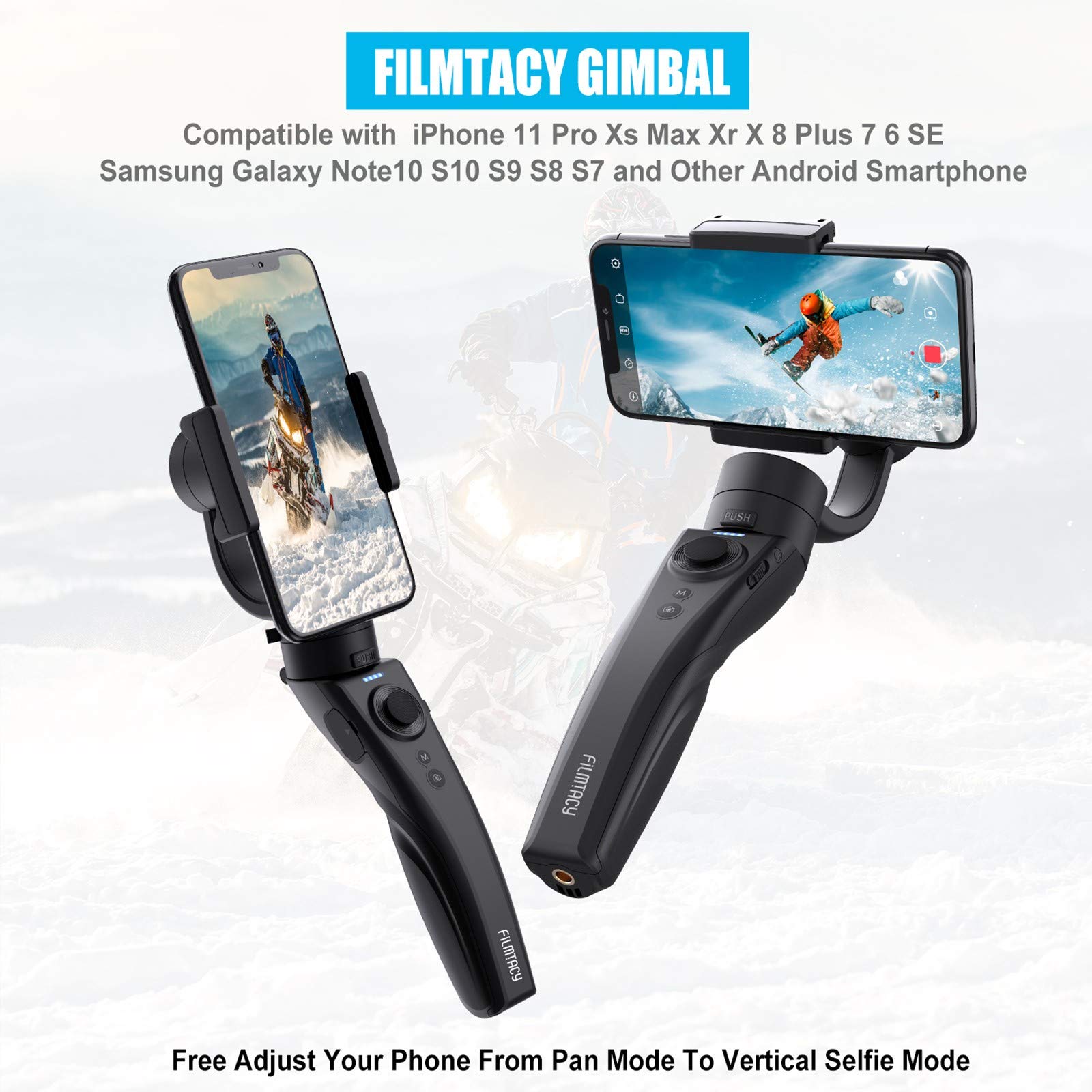 Filmtacy Handheld Gimbal, Gimbal stabilizer with Tripod for iPhone 11/11pro/11pro max/Xs/Xs Max/Xr/X, for Android, Samsung, Lightweight Extended and Foldable, for Vlog YouTube Live Video TikTok