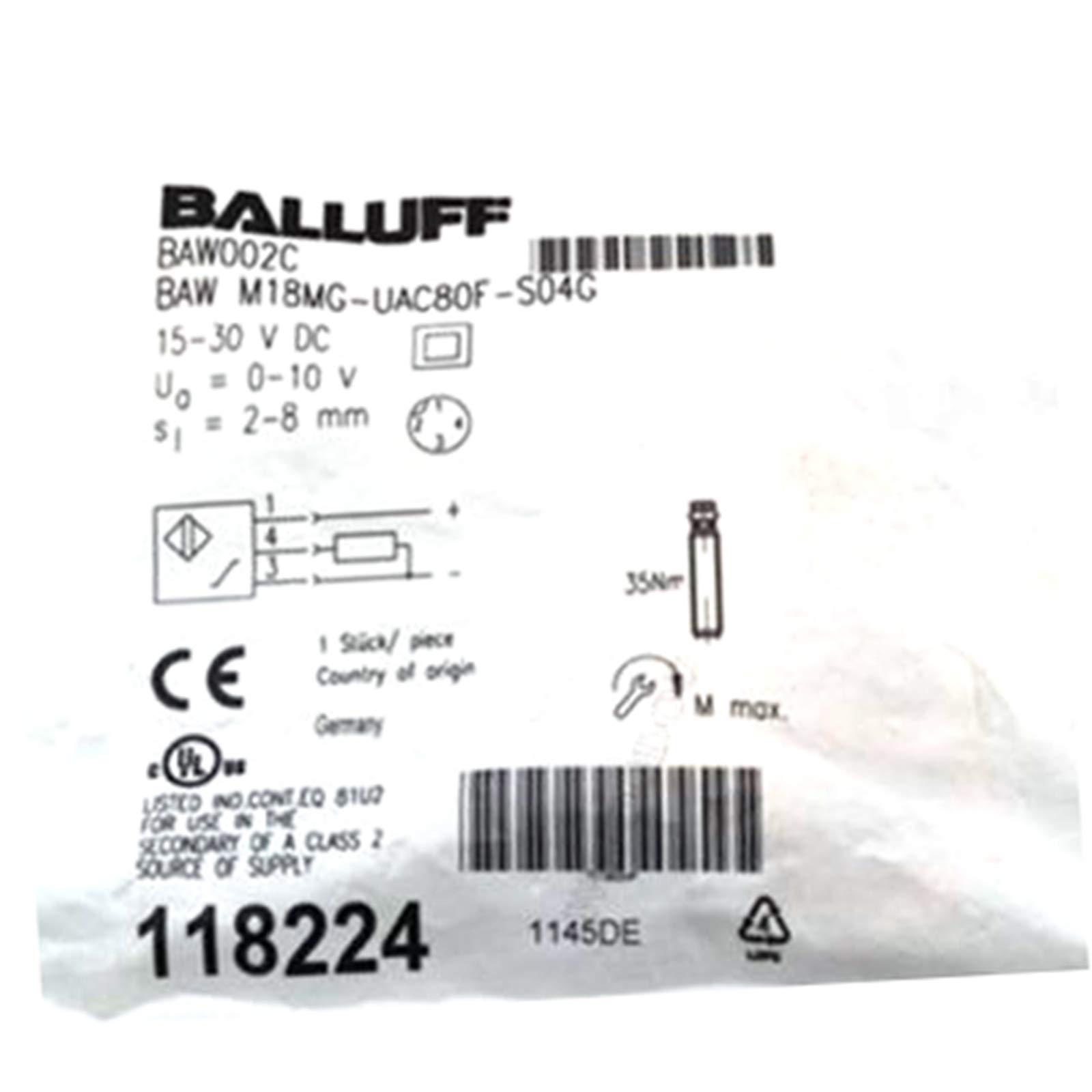 Carus Tool BALLUFF BAW M18MG-UAC80F-S04G(BAW002C) Inductive Distance Sensors New