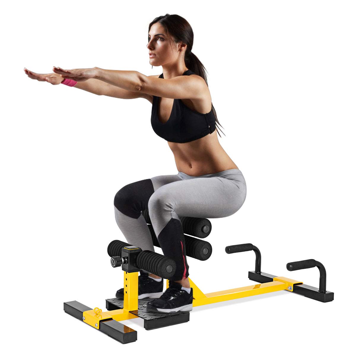 GYMAX Sissy Squat Machine, 3-in-1 Deep Sissy Squat Machine with Strap Circles & Adjustable Height, Perfect for Push-up, Sissy Squat & Abs Training, Workout Equipment for Home, Gym (Yellow)