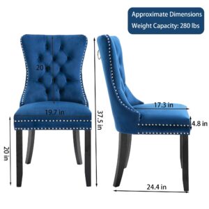 Rhomtree Set of 2 Velvet Fabric Dining Chairs Luxury Tufted Back with Nailed Trim and Back Ring Pull Home Kitchen Dining Room Chairs Armless Accent Side Chairs Solid Rubber Wood Legs, Set of 2 (Blue)