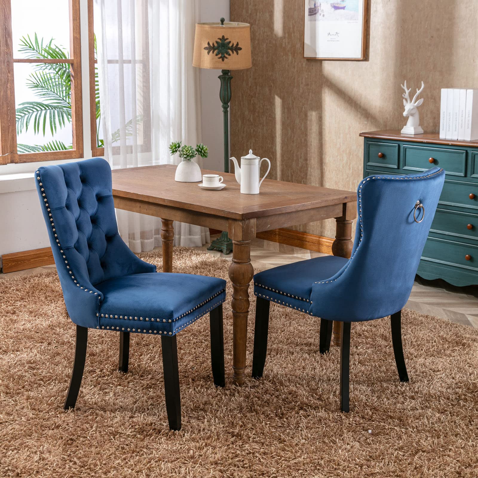 Rhomtree Set of 2 Velvet Fabric Dining Chairs Luxury Tufted Back with Nailed Trim and Back Ring Pull Home Kitchen Dining Room Chairs Armless Accent Side Chairs Solid Rubber Wood Legs, Set of 2 (Blue)