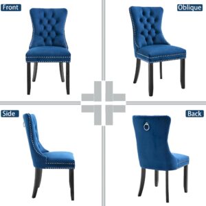 Rhomtree Set of 2 Velvet Fabric Dining Chairs Luxury Tufted Back with Nailed Trim and Back Ring Pull Home Kitchen Dining Room Chairs Armless Accent Side Chairs Solid Rubber Wood Legs, Set of 2 (Blue)