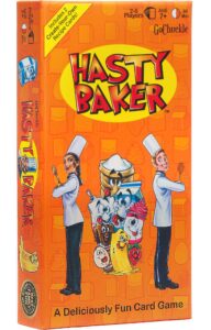 hasty baker family card game - a race to collect ingredients and complete recipes, for families, adults, kids, ages 7+, 2-6 players, by gochuckle