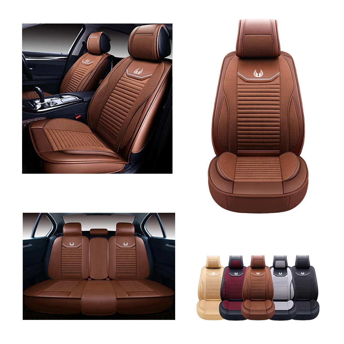 OASIS AUTO Car Seat Covers Premium Waterproof Faux Leather Cushion Universal Accessories Fit SUV Truck Sedan Automotive Vehicle Auto Interior Protector Full Set (OS-008 Brown)