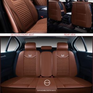 OASIS AUTO Car Seat Covers Premium Waterproof Faux Leather Cushion Universal Accessories Fit SUV Truck Sedan Automotive Vehicle Auto Interior Protector Full Set (OS-008 Brown)