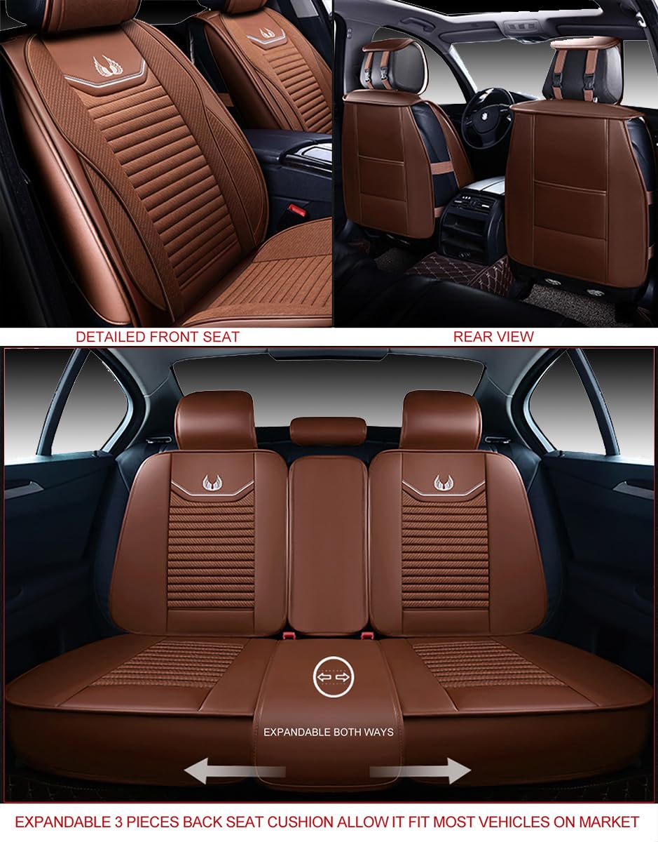 OASIS AUTO Car Seat Covers Premium Waterproof Faux Leather Cushion Universal Accessories Fit SUV Truck Sedan Automotive Vehicle Auto Interior Protector Full Set (OS-008 Brown)