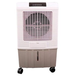 hessaire mc26a portable evaporative cooler, humidifier, 2100 cubic fpm, cools 700 sq. ft., 2.5 gph, white. for garages, shops, patios, pools, workshops, includes remote control for ease of operation
