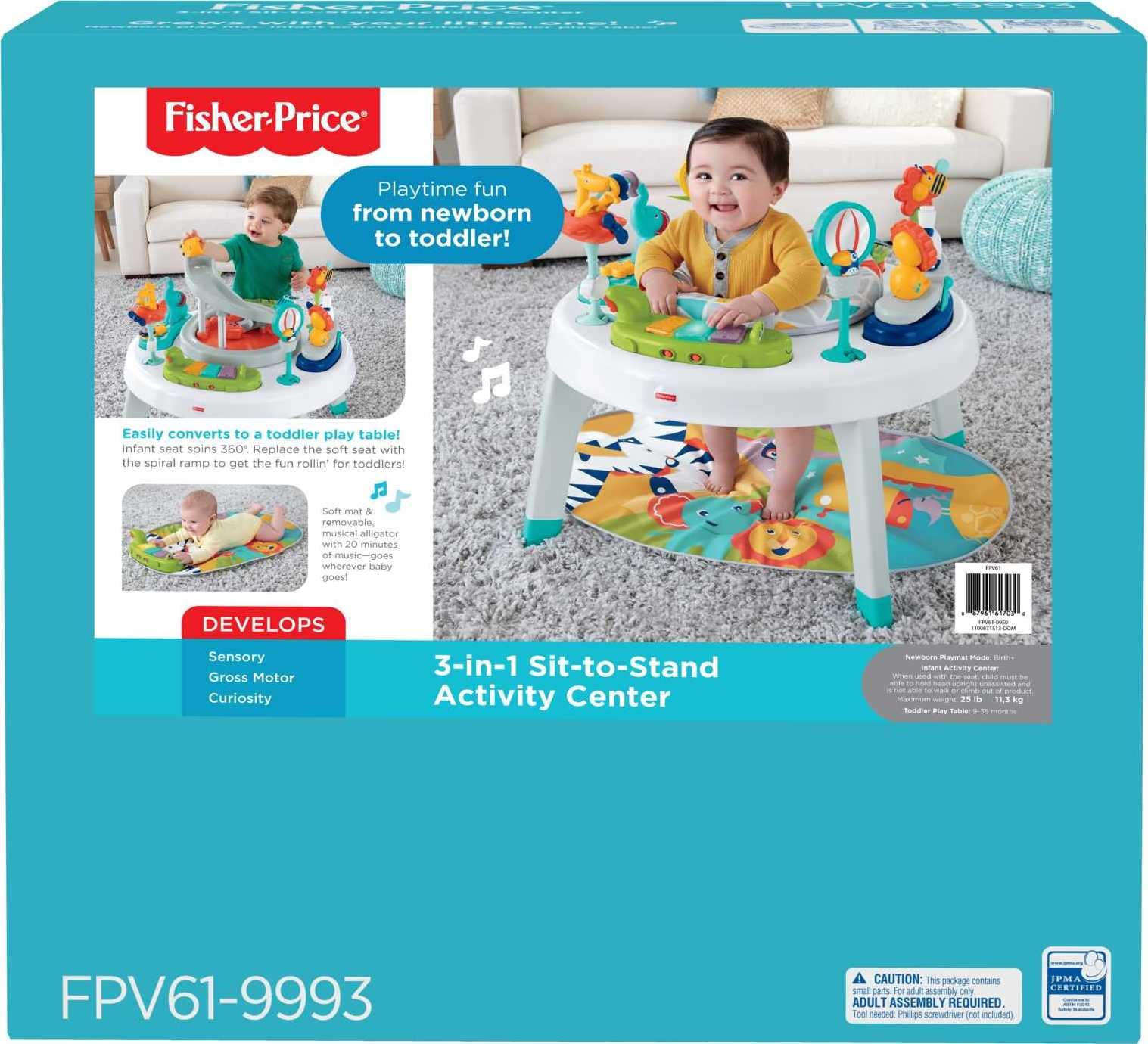 Fisher-Price Baby to Toddler Toy 3-in-1 Sit-to-Stand Activity Center with Playmat plus Music Lights and Spiral Ramp