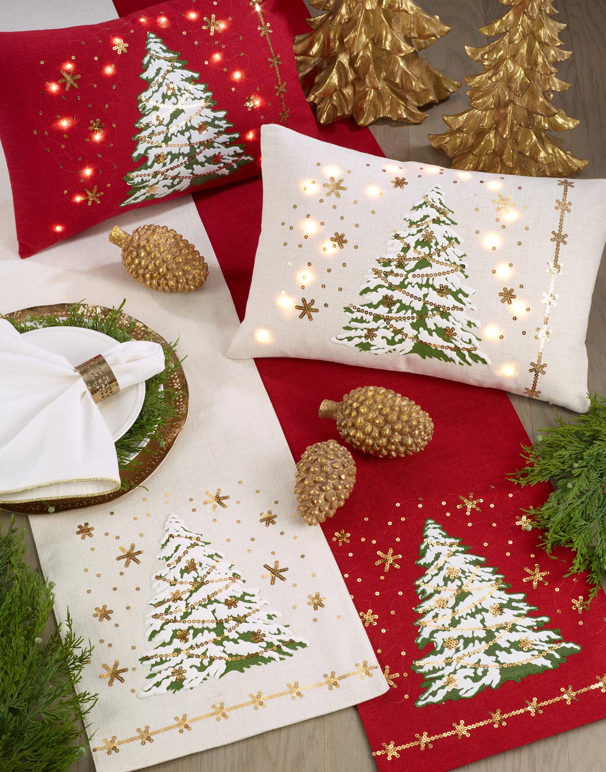 Fennco Styles Christmas Tree Design with LED Light Decorative Throw Pillow Cover & Insert 13 x 20 Inch - White Pillow for Holiday Décor, Couch, Living Room and Bedroom Décor