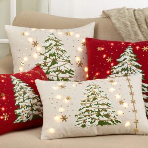 Fennco Styles Christmas Tree Design with LED Light Decorative Throw Pillow Cover & Insert 13 x 20 Inch - White Pillow for Holiday Décor, Couch, Living Room and Bedroom Décor