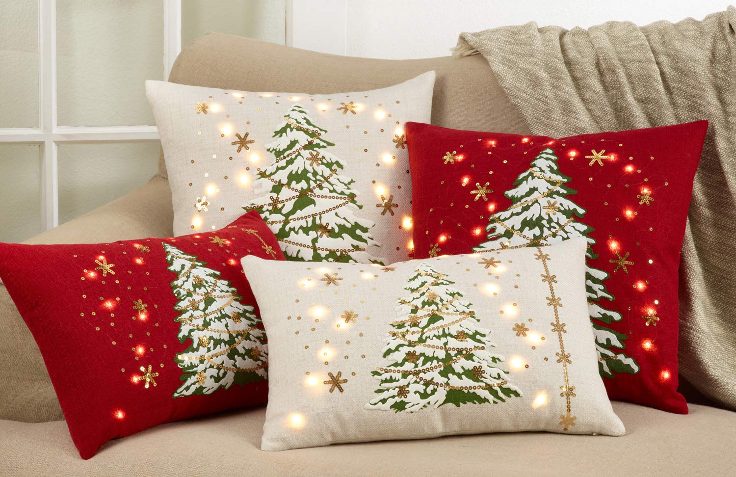 Fennco Styles Christmas Tree Design with LED Light Decorative Throw Pillow Cover & Insert 13 x 20 Inch - White Pillow for Holiday Décor, Couch, Living Room and Bedroom Décor